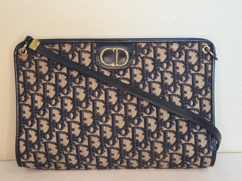 Christian Dior Vintage Navy Trotter Canvas Long Shoulder Crossbody Bag France